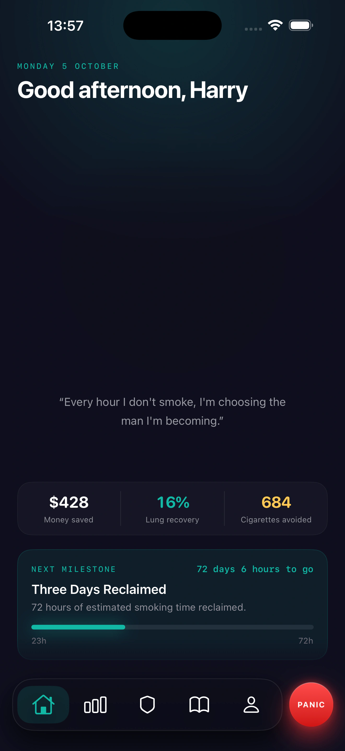 Smoked home screen showing 36 days smoke free